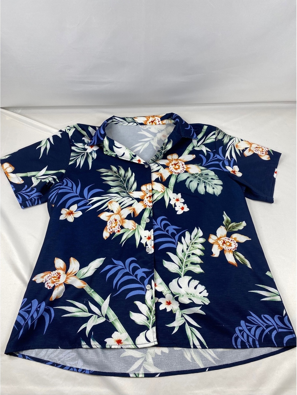 Navy floral short sleeve button front shirt